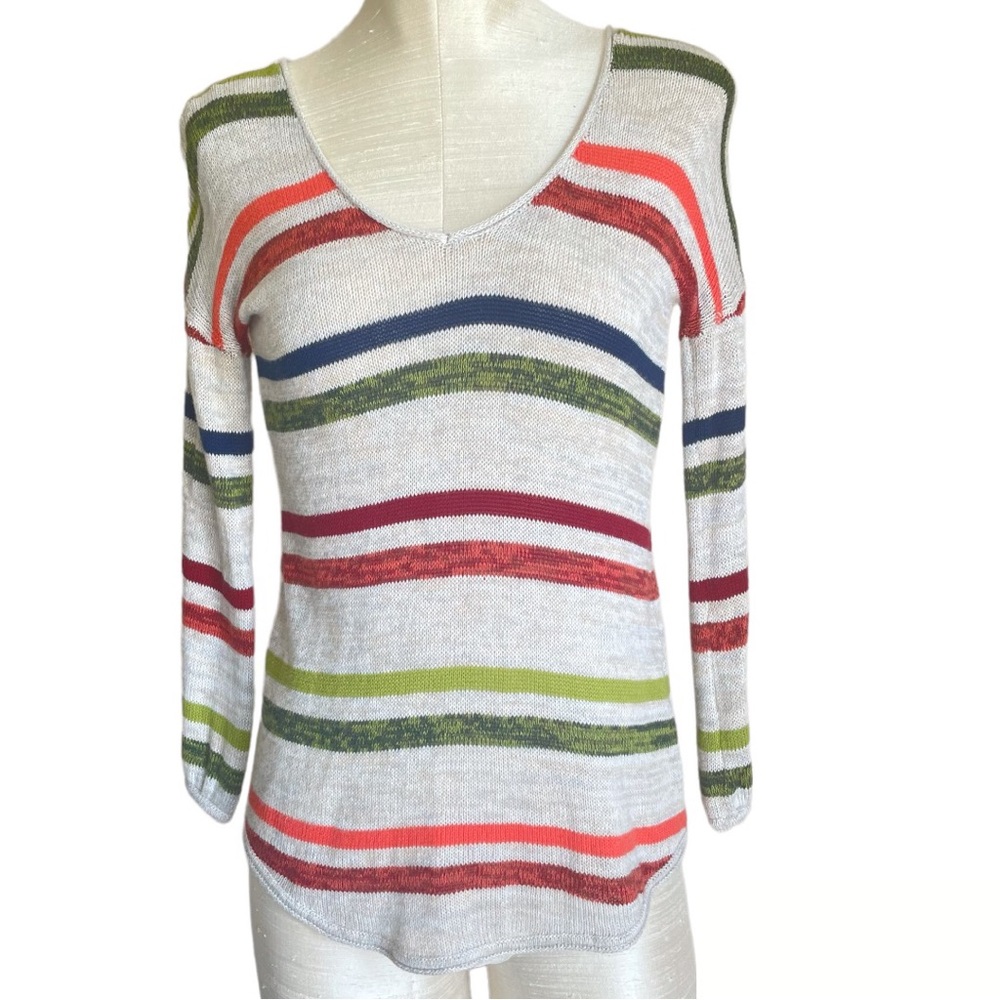 Lucky Brand Striped Knit ¾ Sleeve V Neck Top Size Small